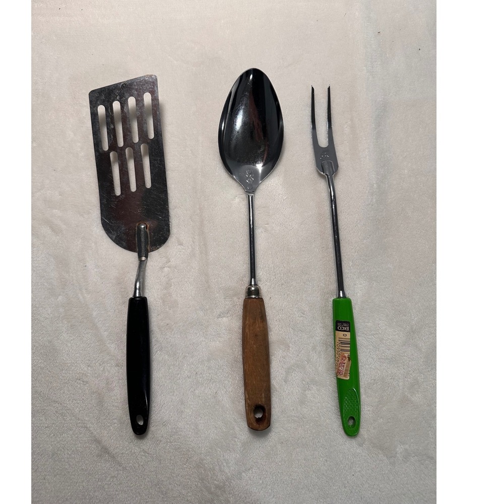 Vintage Ekco Kitchen Utensil Set Spatula Serving Spoon Meat Fork USA Made 3pc